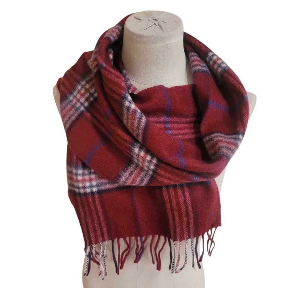 Grant Thomas 100% Cashmere Maroon Blue White Plaid Comfy Soft Scarf With Fringe